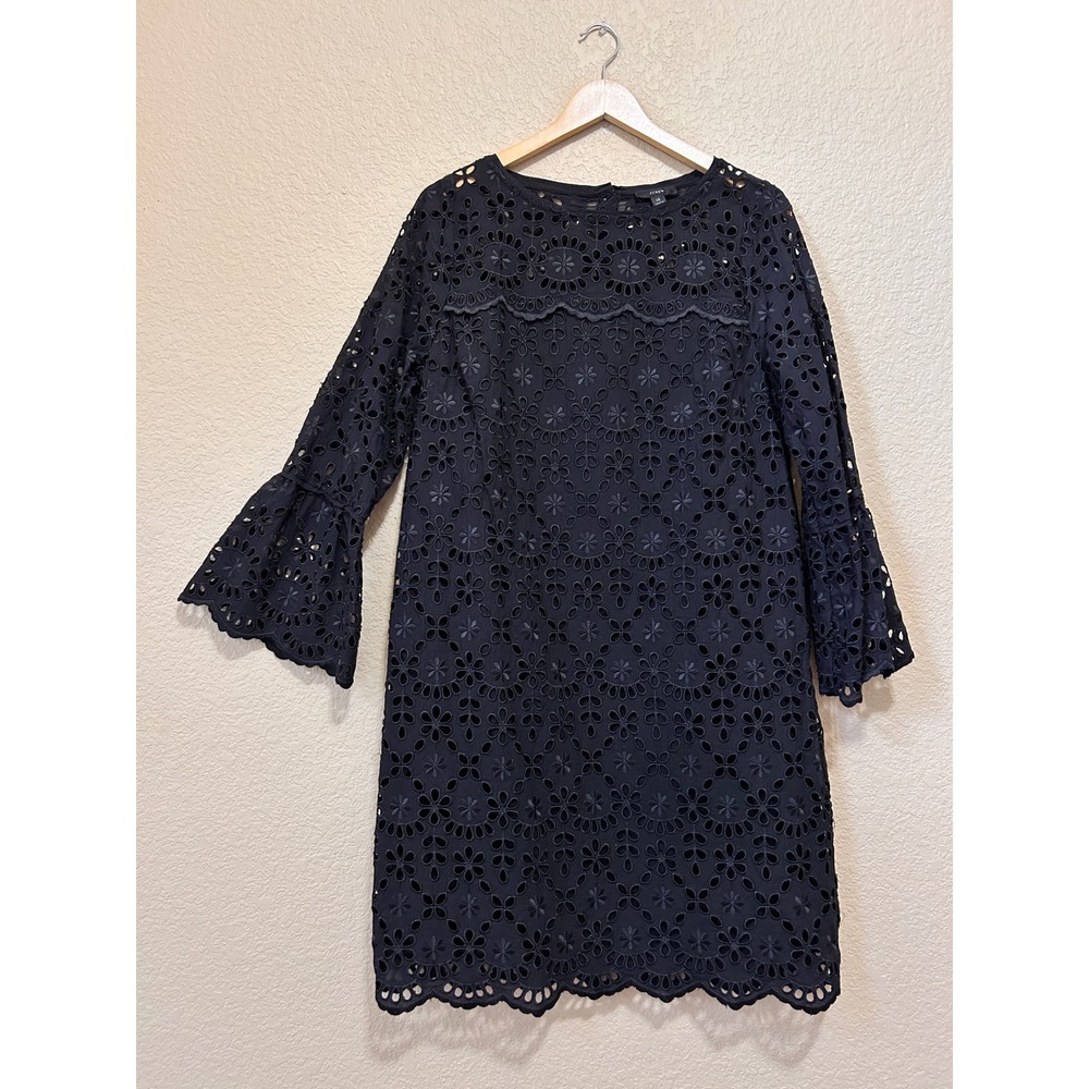 J.Crew 12 Floral Eyelet Bell Sleeve Shift Dress Black Scalloped LBD Boho MOD